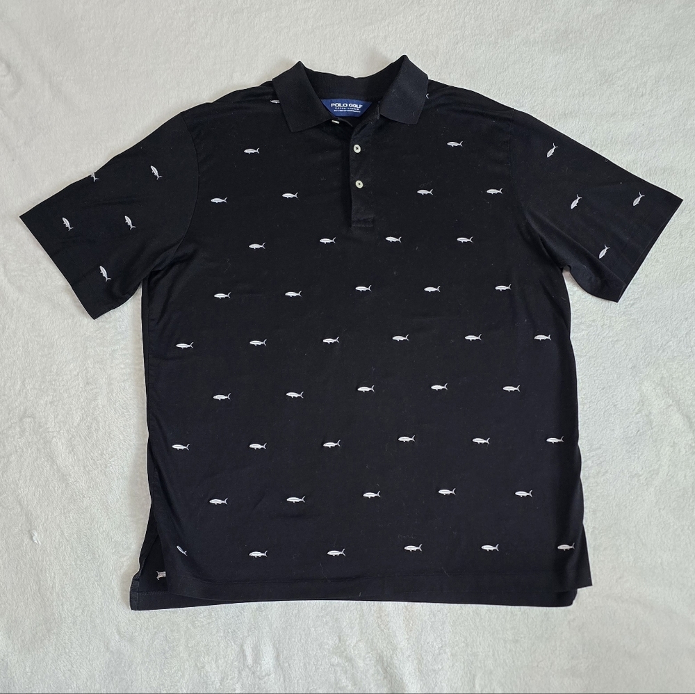 Men's Polo Ralph Lauren Golf Shirt Black Embroidered Fish 100% Cotton Size Large